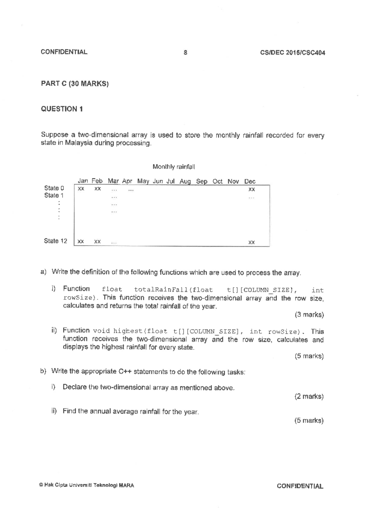 CSC404 Final Exam: Monthly Rainfall Array Processing Questions - Studocu
