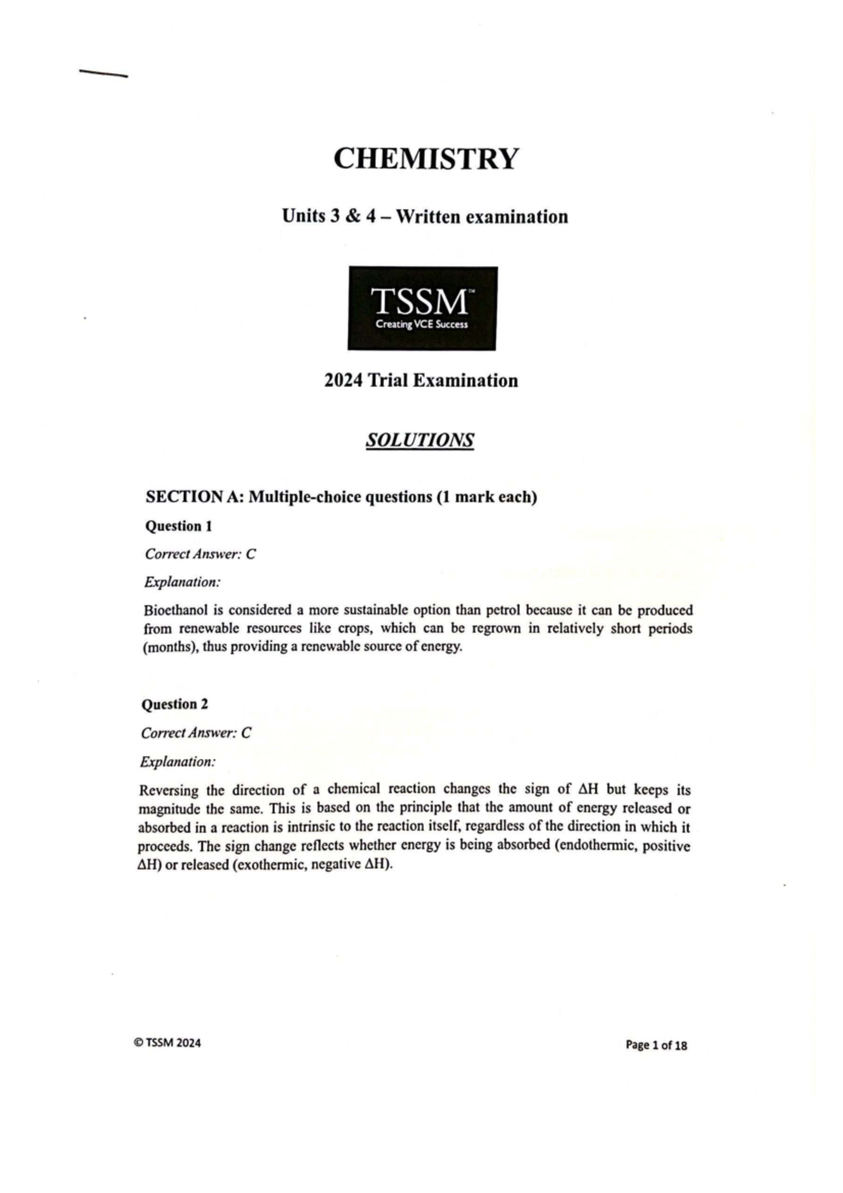 2024 CHEMISTRY Units 3 & 4 Trial Exam Solutions - TSSM - Studocu
