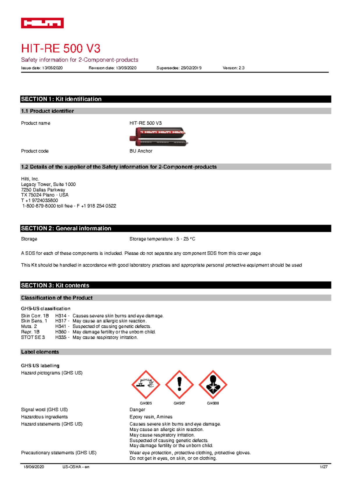 HIT RE 500 V3 Adhesive Anchor SDS 2017 750 - HIT-RE 500 V Safety ...