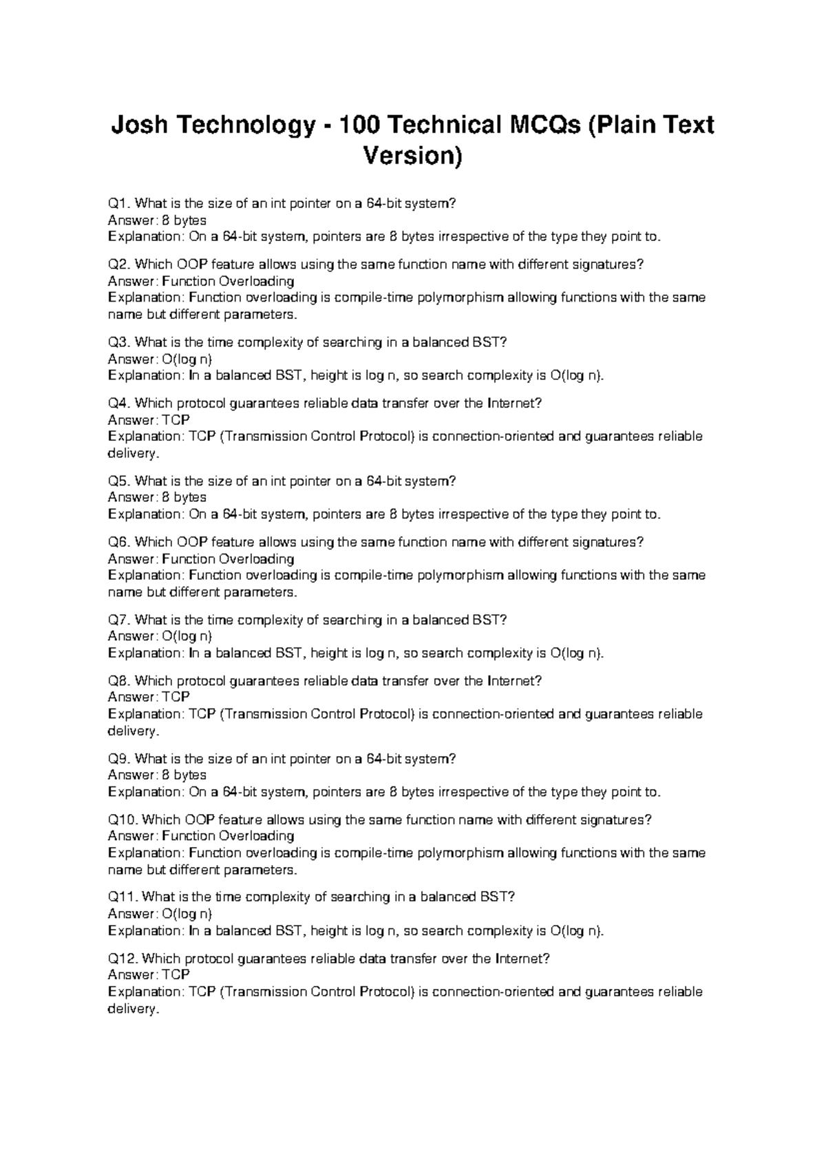 Josh Technology 100 MCQs on OOP, Pointers & Complexity - Studocu