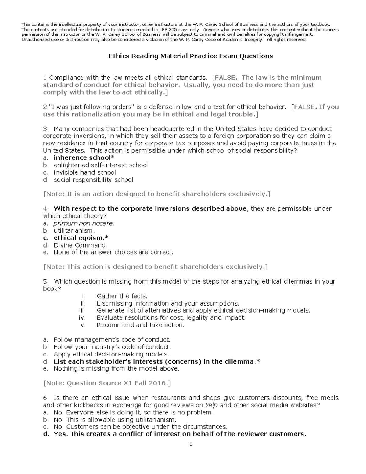 Ethics Practice Exam Questions for LES 305 - Spring 2018 - Studocu