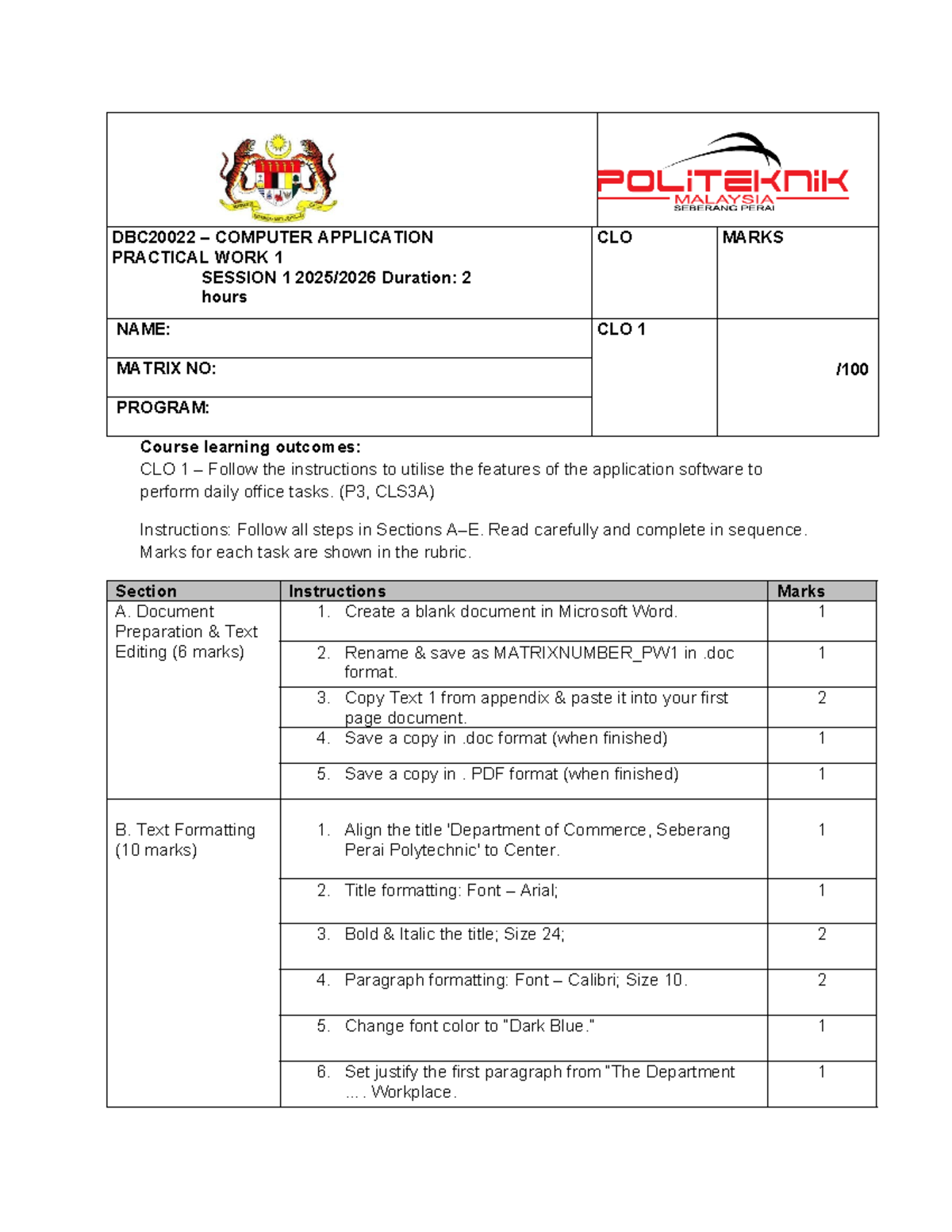 DBC20022 Computer Application Practical Work 1 Instructions & Rubric ...