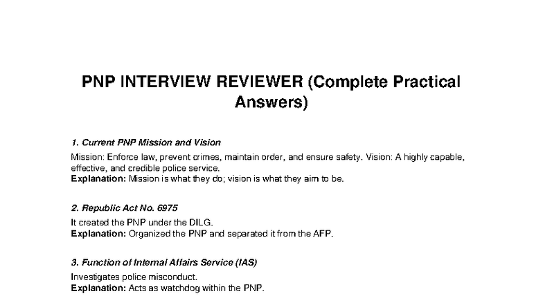 Full PNP Interview Reviewer: 50 Essential Q&A for Success - Studocu