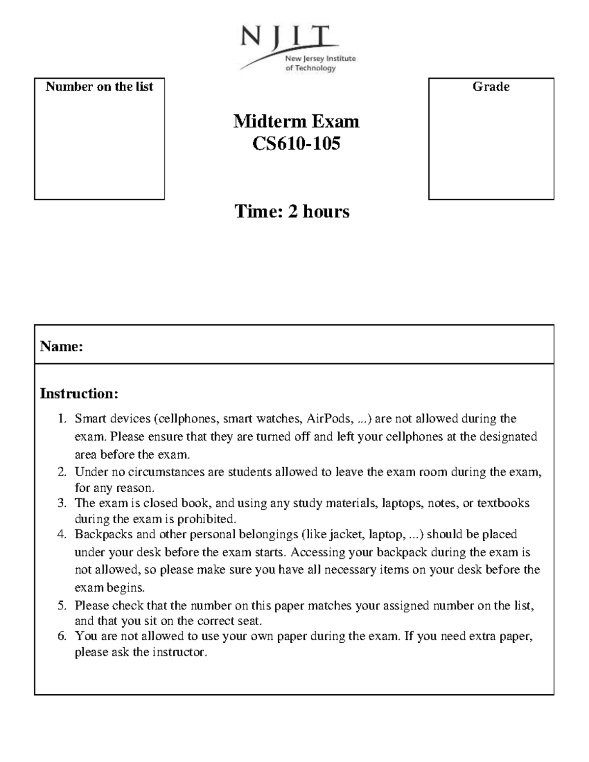 Midterm Exam-105-solution - Number on the list Midterm Exam CS610- 105 ...