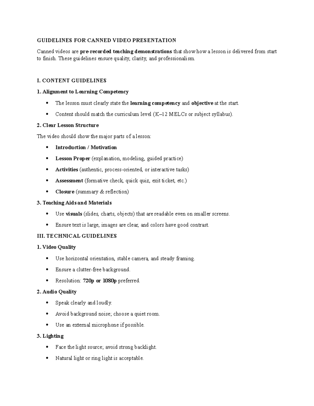 Canned Video Presentation Guidelines for Effective Teaching - Studocu