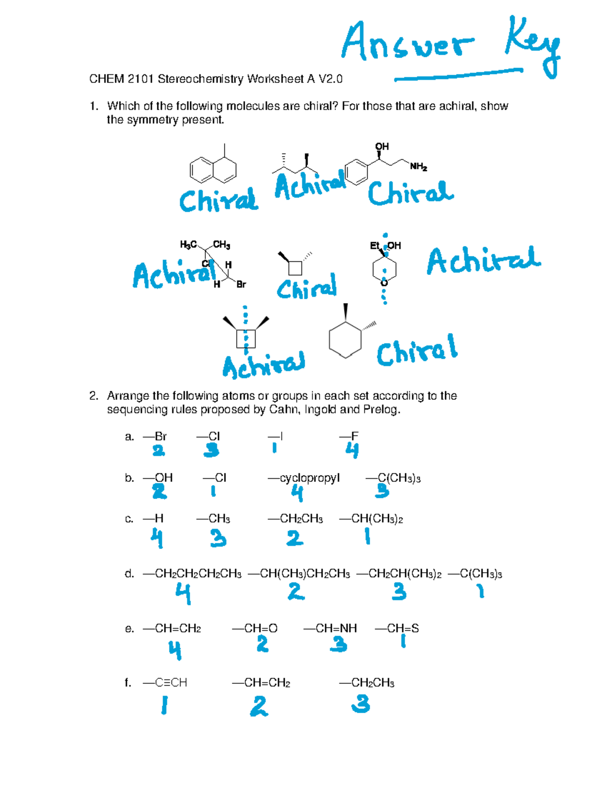 CHEM 2101 Stereochemistry Worksheet A Answer Key - Studocu