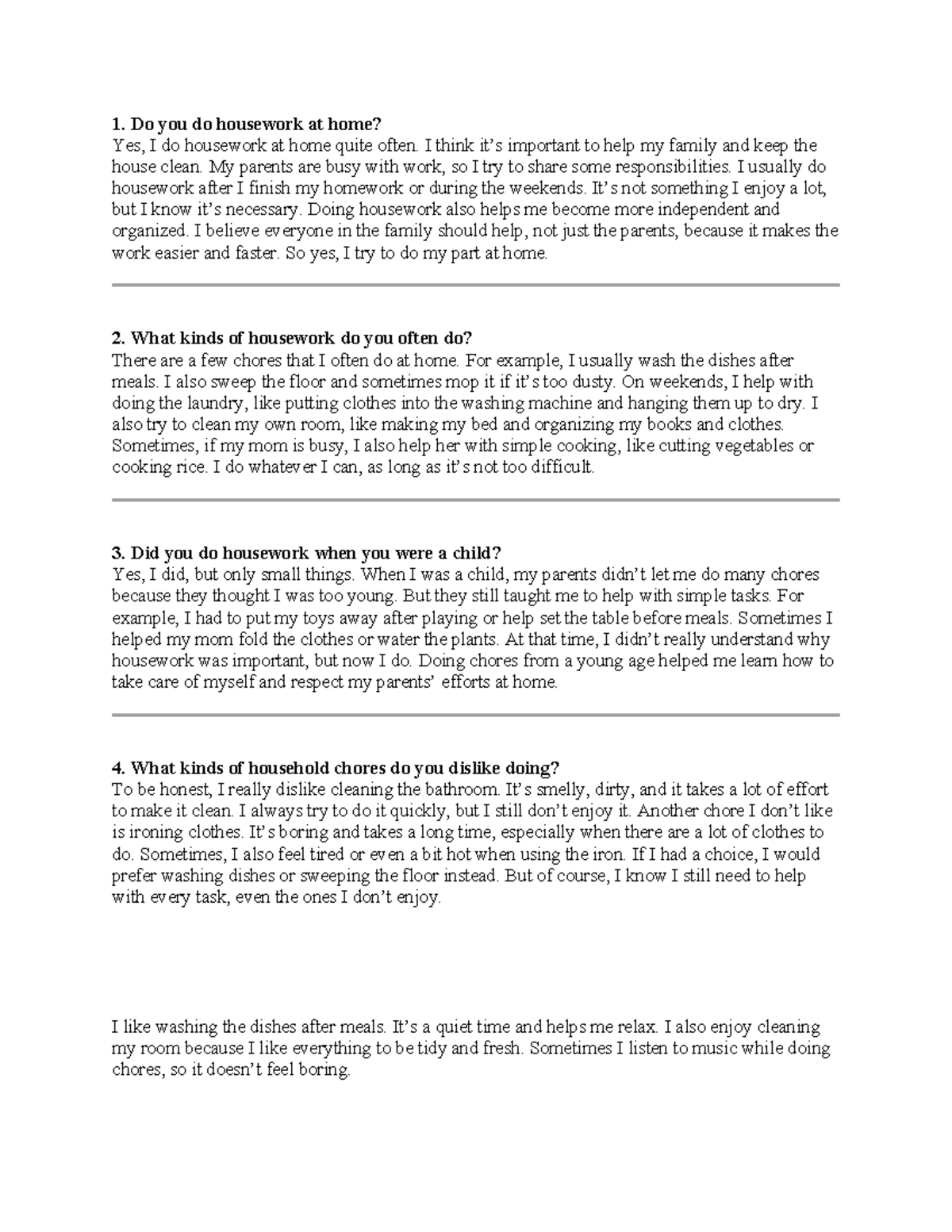 Housework Responsibilities: A Speaking Topic Overview - Studocu