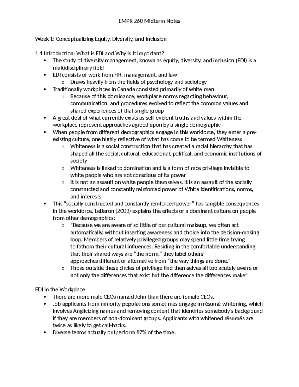 EMPR 260 Midterm Study Notes on Equity, Diversity & Inclusion (EDI ...