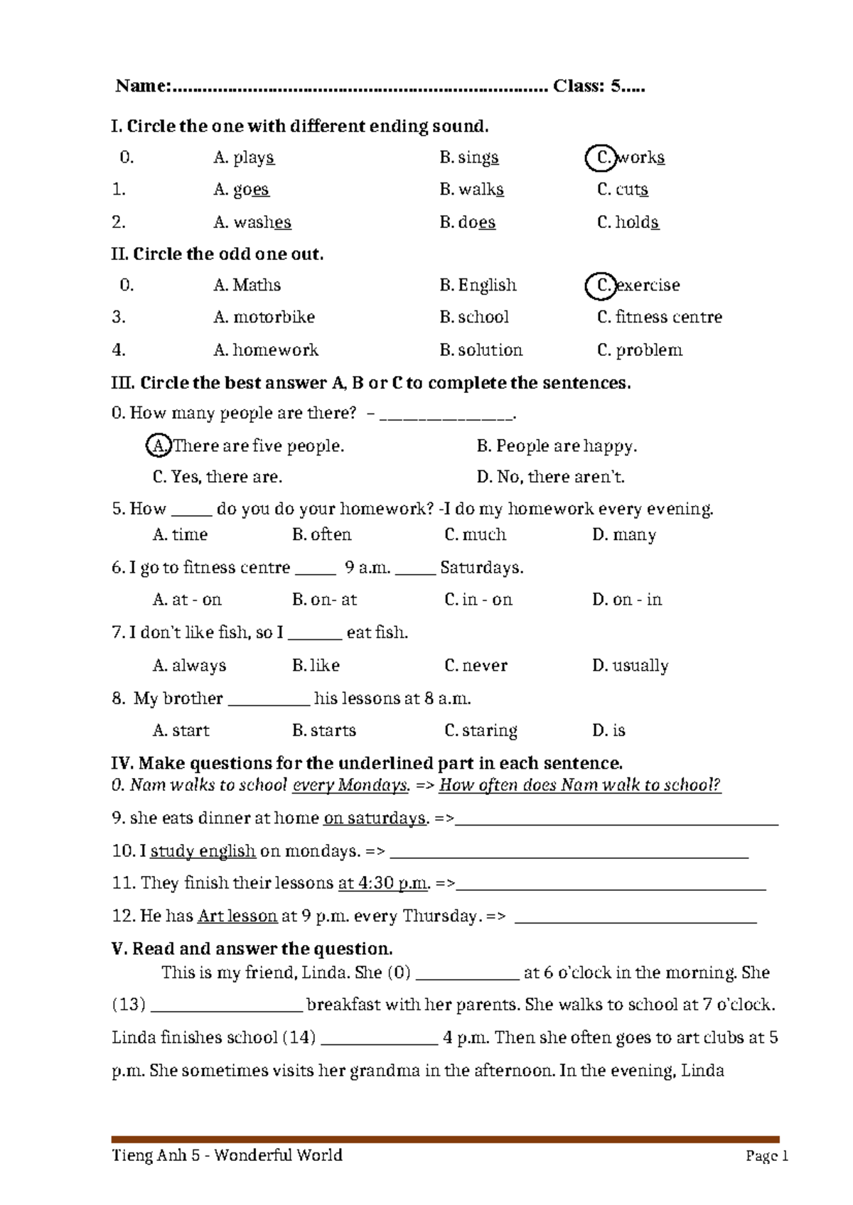 Unit 3 Test Grade 5 - Tieng Anh 5 Wonderful World - Studocu