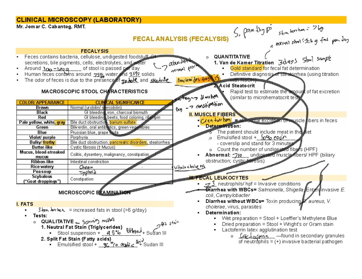 CLINICAL MICROSCOPY (LAB) FECAL ANALYSIS NOTES - Studocu