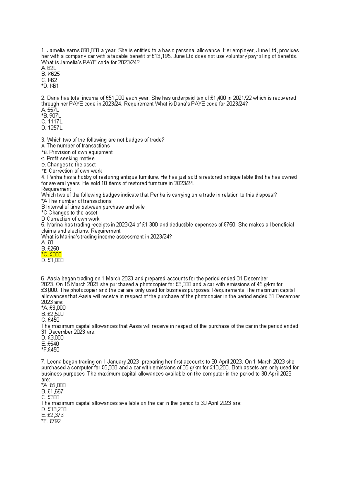 PAYE Codes and Trading Profits Analysis - Taxation Study (ACCT101 ...