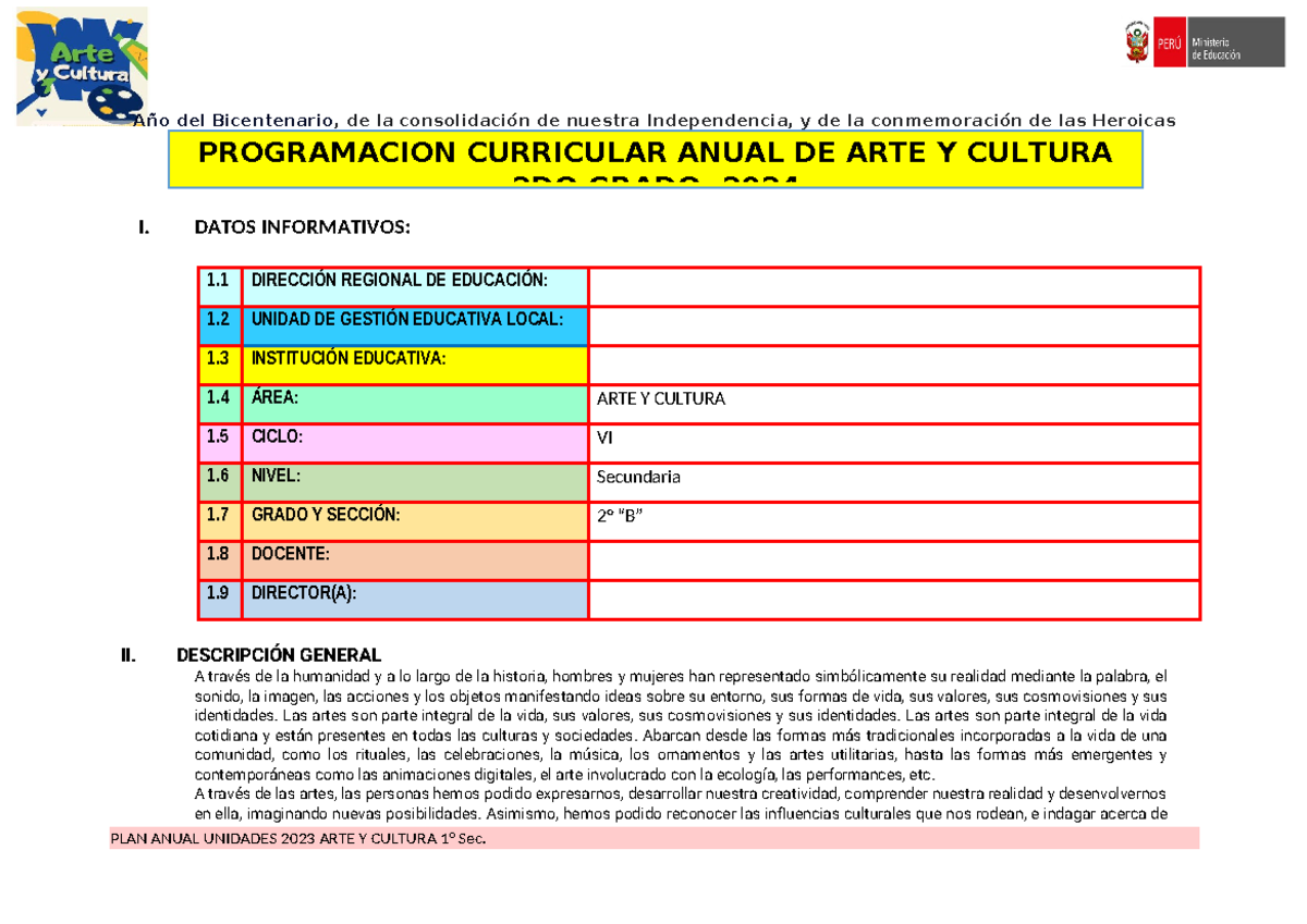 Programación Anual de Arte y Cultura - 2DO Grado - Ciclo VI - 2024 - Document Preview