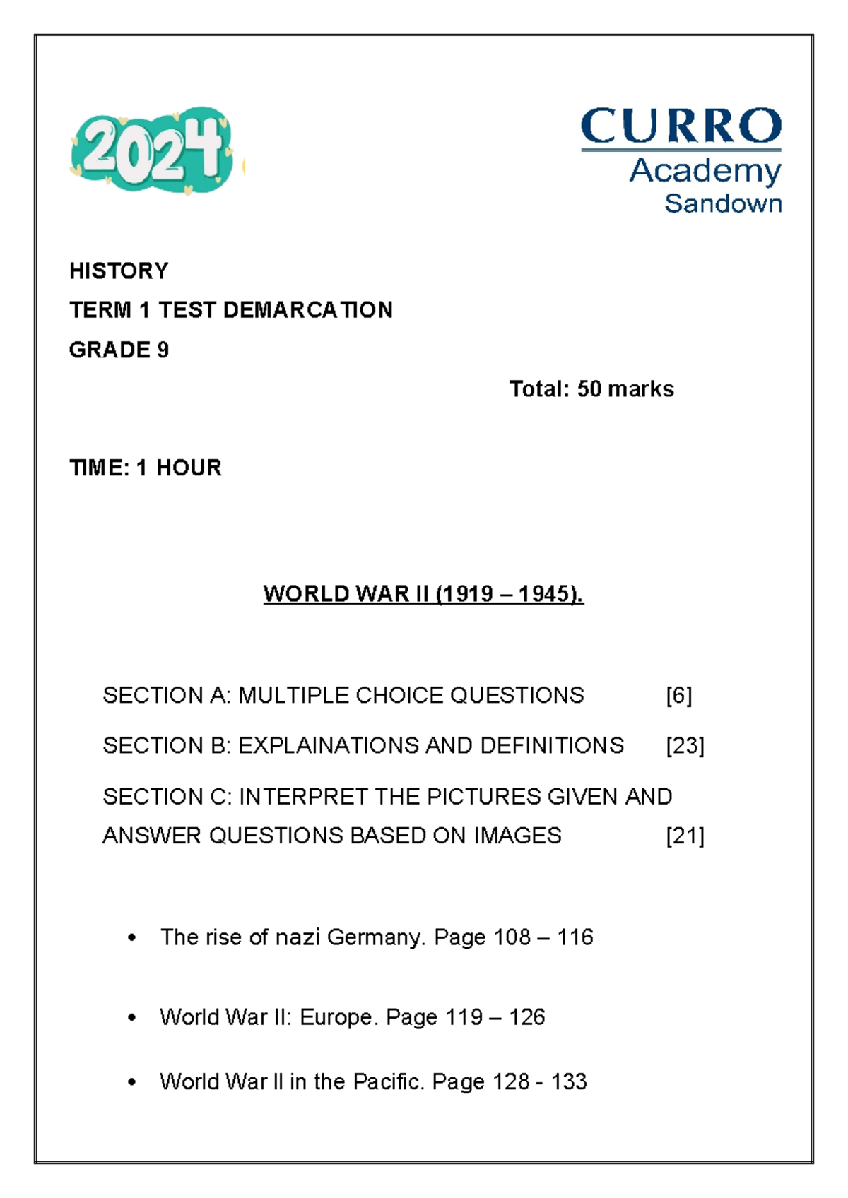 2024 Gr 9 History Term 1 Test Demarcation - HISTORY TERM 1 TEST ...