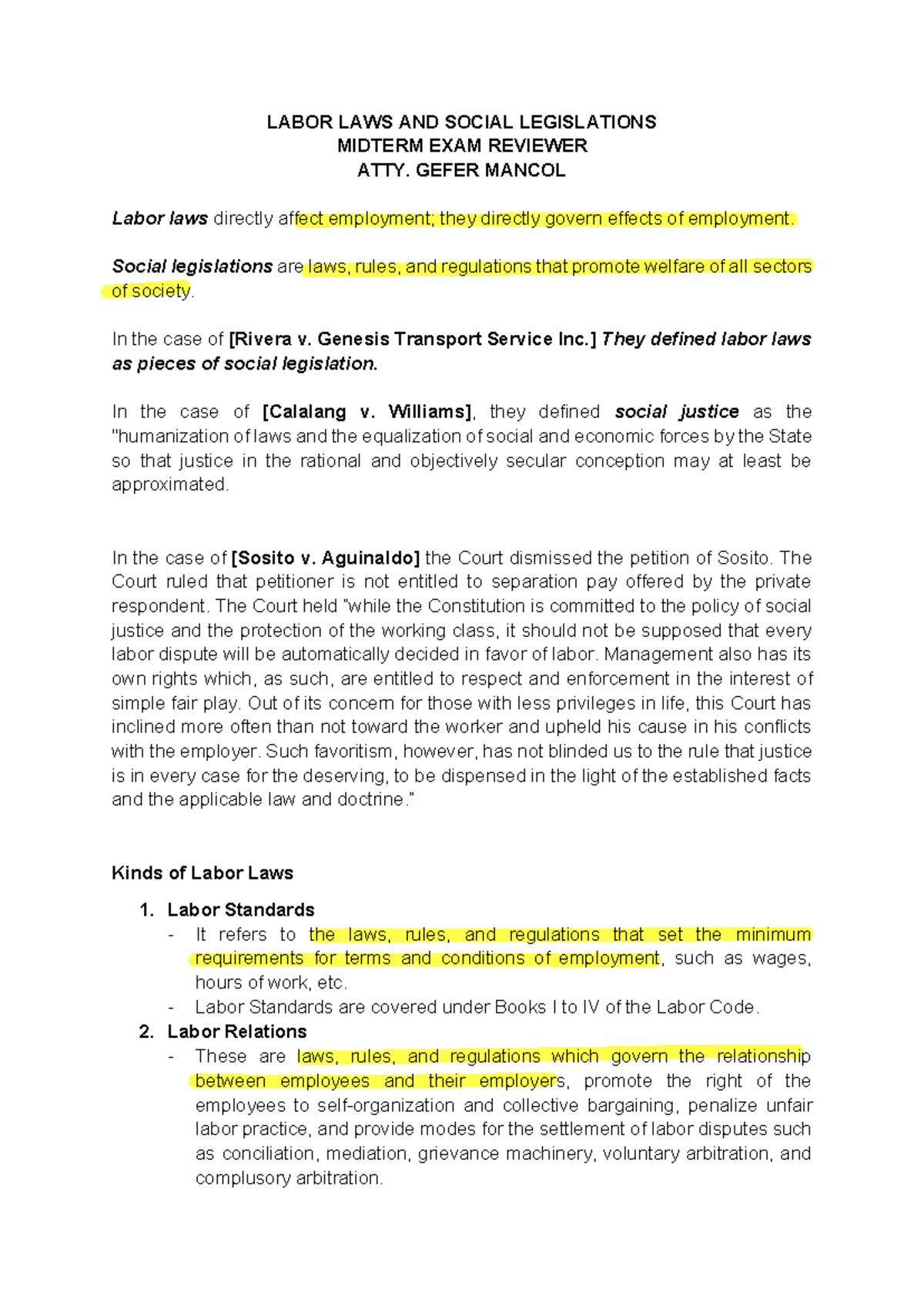 Labor Laws and Social Legislations Midterm Exam Reviewer LLSL - Studocu
