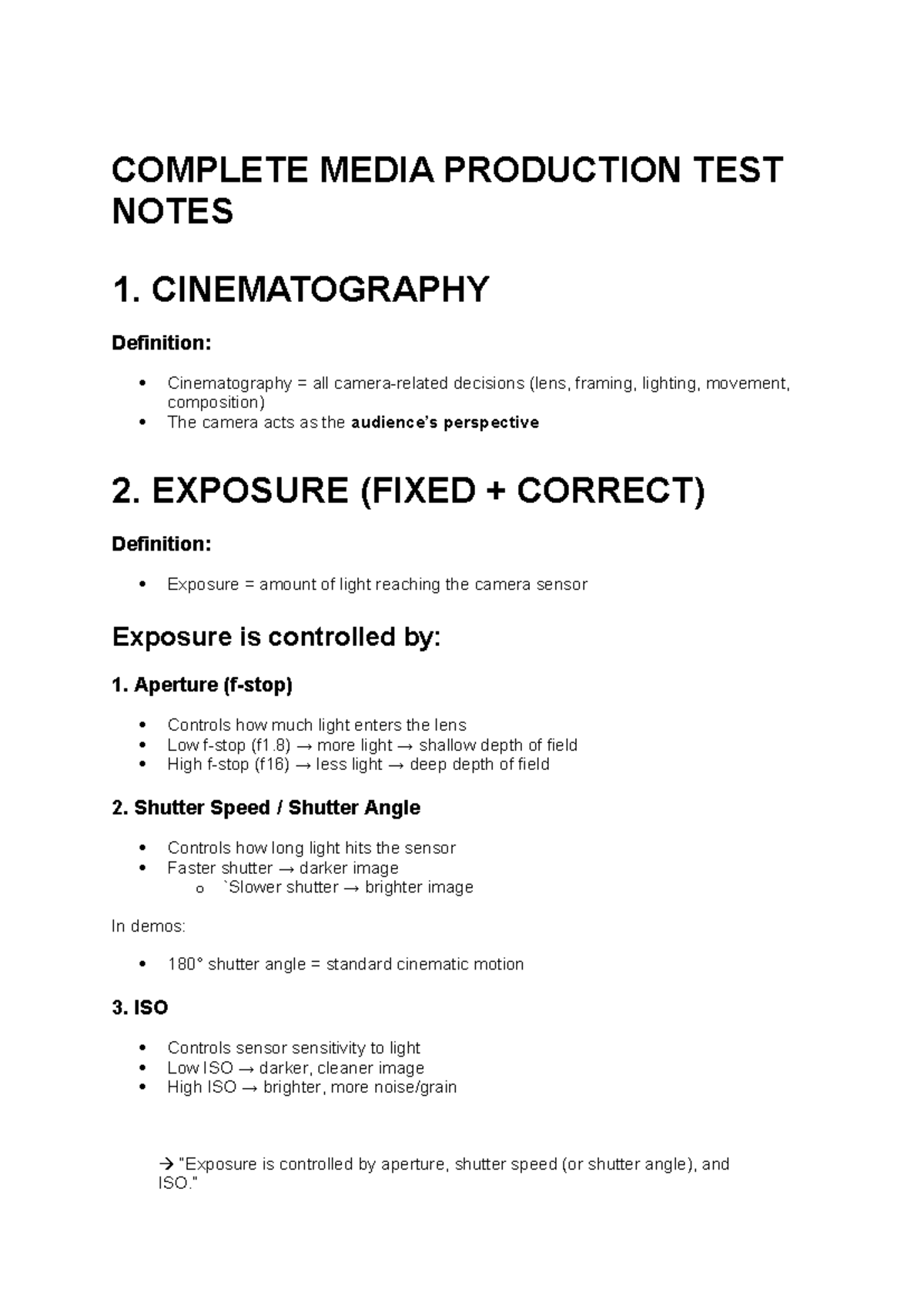 Complete Media Production TEST Notes: Cinematography & Techniques - Studocu