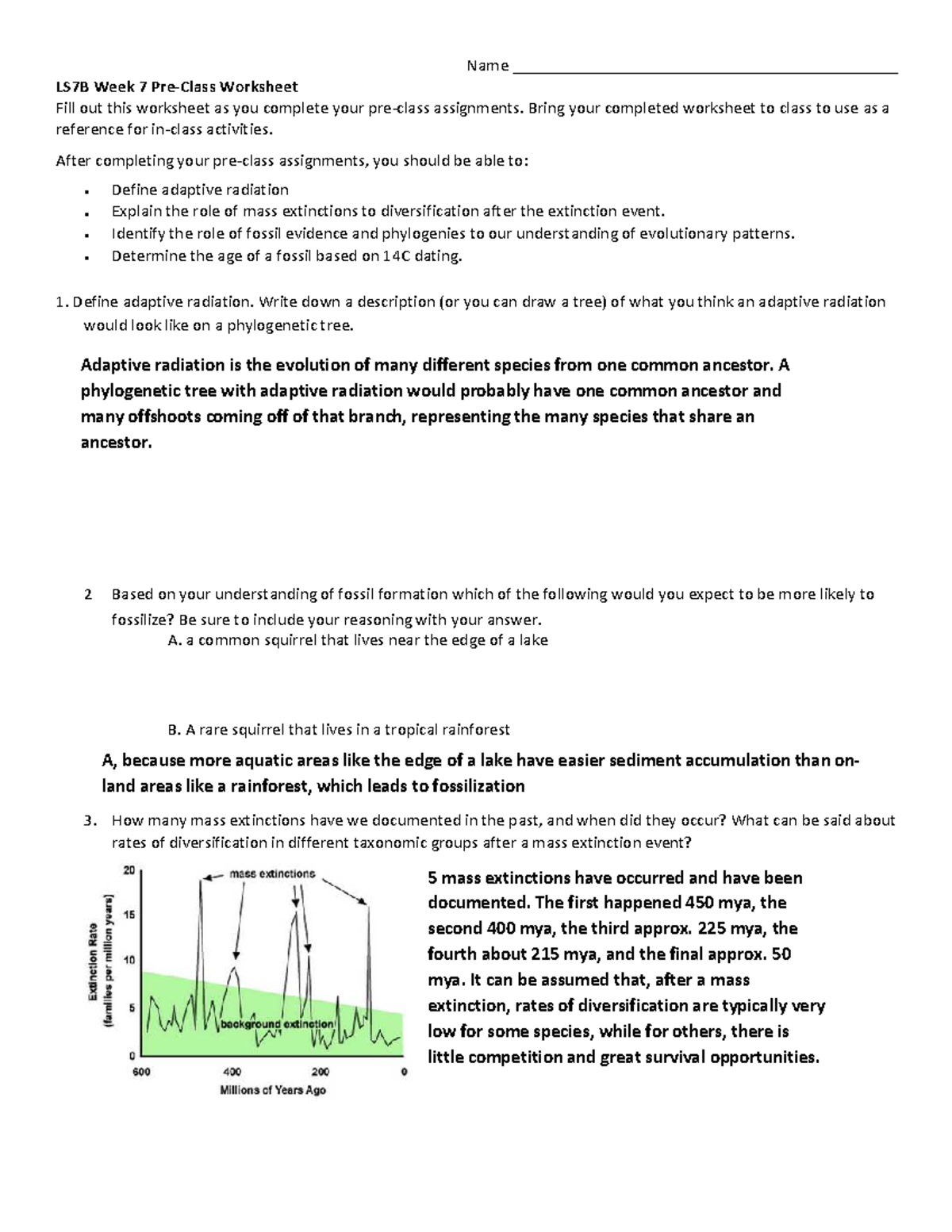LS7B Week 7 Pre-Class Reading Guide: Adaptive Radiation & Extinctions ...