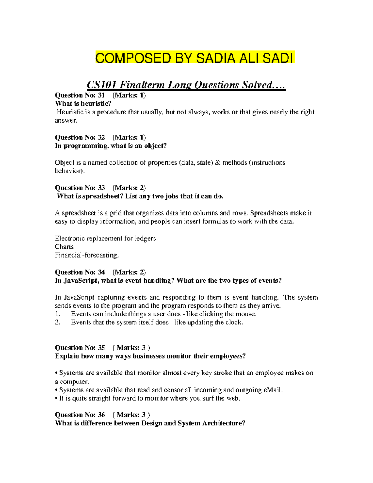 CS101 Finalterm Long Questions - Comprehensive Solutions - Studocu