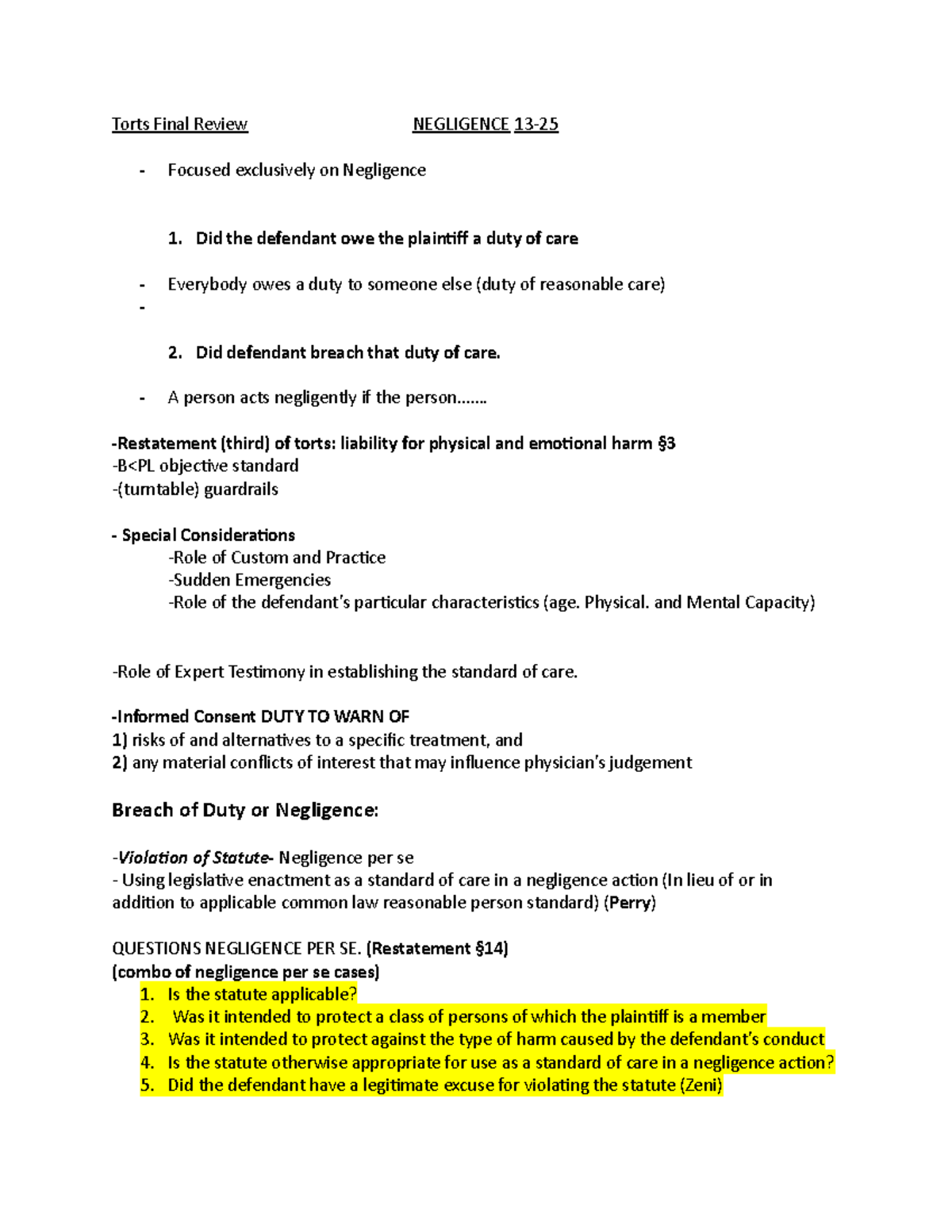 Torts 101: Final Exam Review on Negligence Concepts and Cases - Studocu