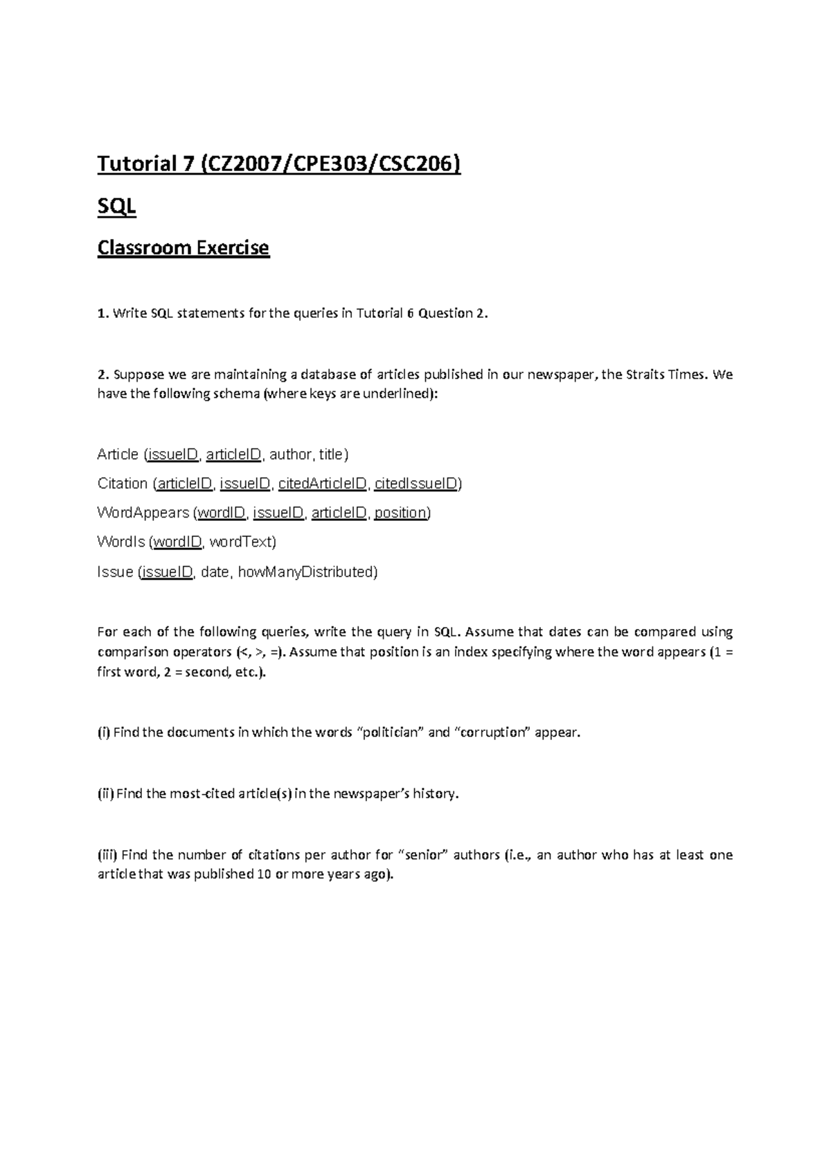 Tutorial 7 - SQL Queries for CZ2007/CPE303/CSC206 - Studocu