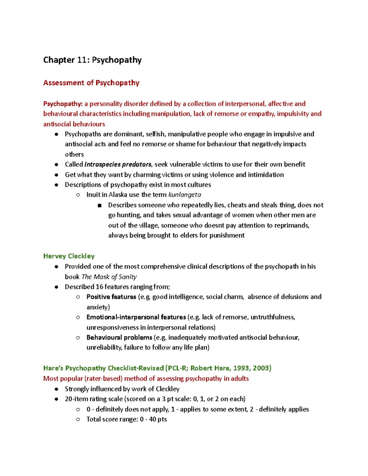 Chapter 11: Psychopathy Assessment in PSYCH 2032 Notes - Studocu