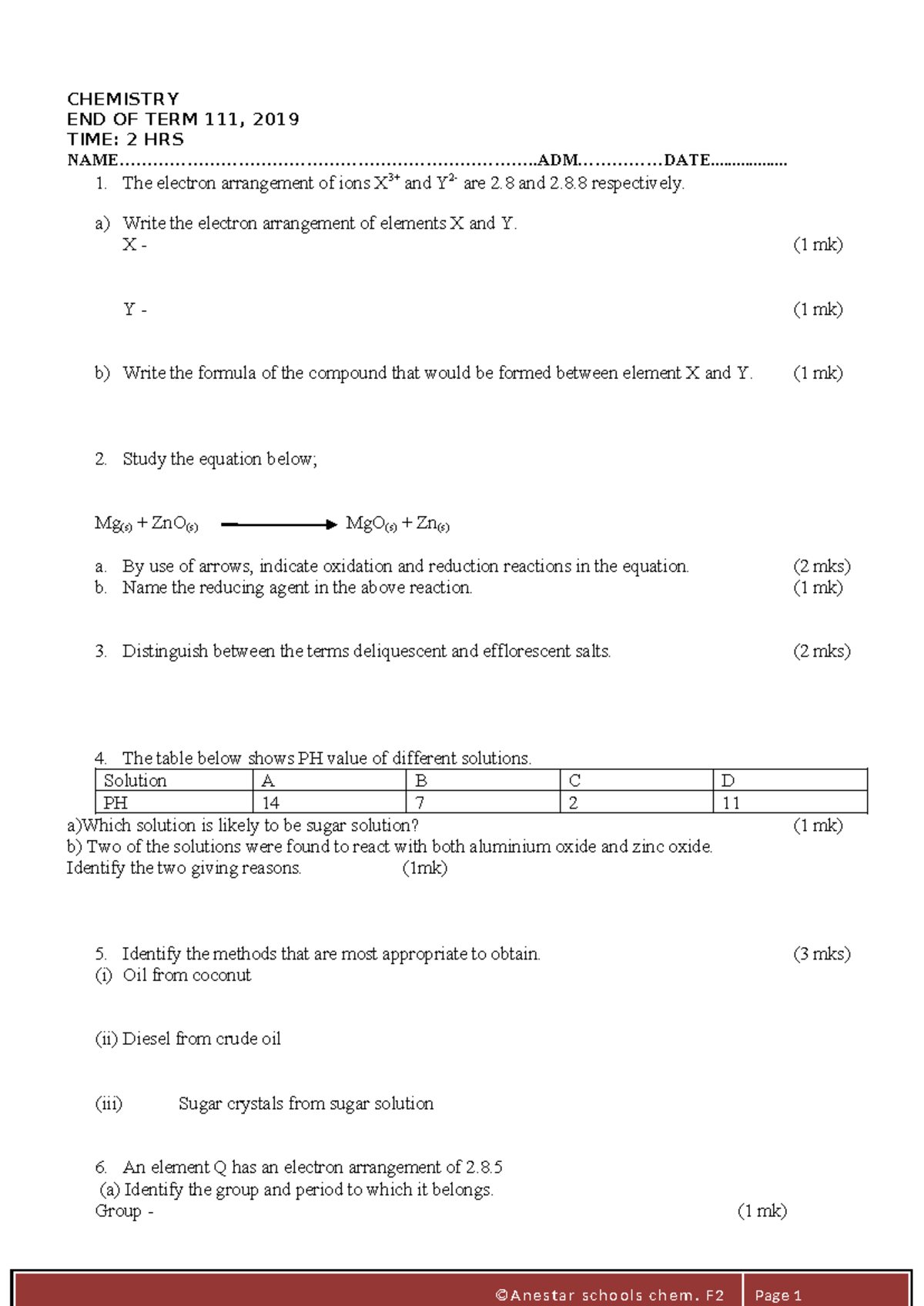CHEM 2 FORM TWO END OF TERM 3 QP 2019 Exam Questions - Studocu