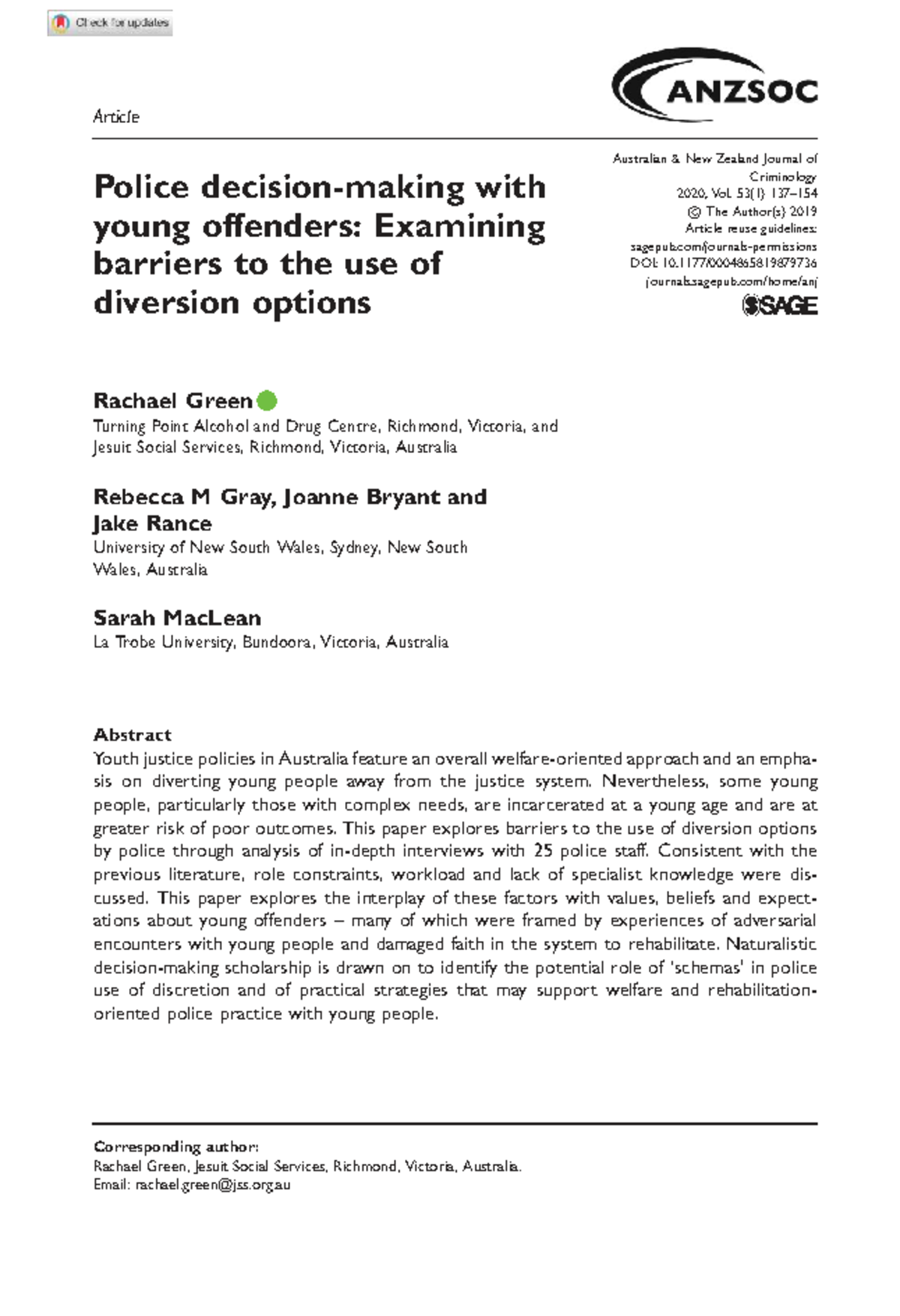 Green et al. 2019: Police Decision-Making & Barriers to Youth Diversion ...