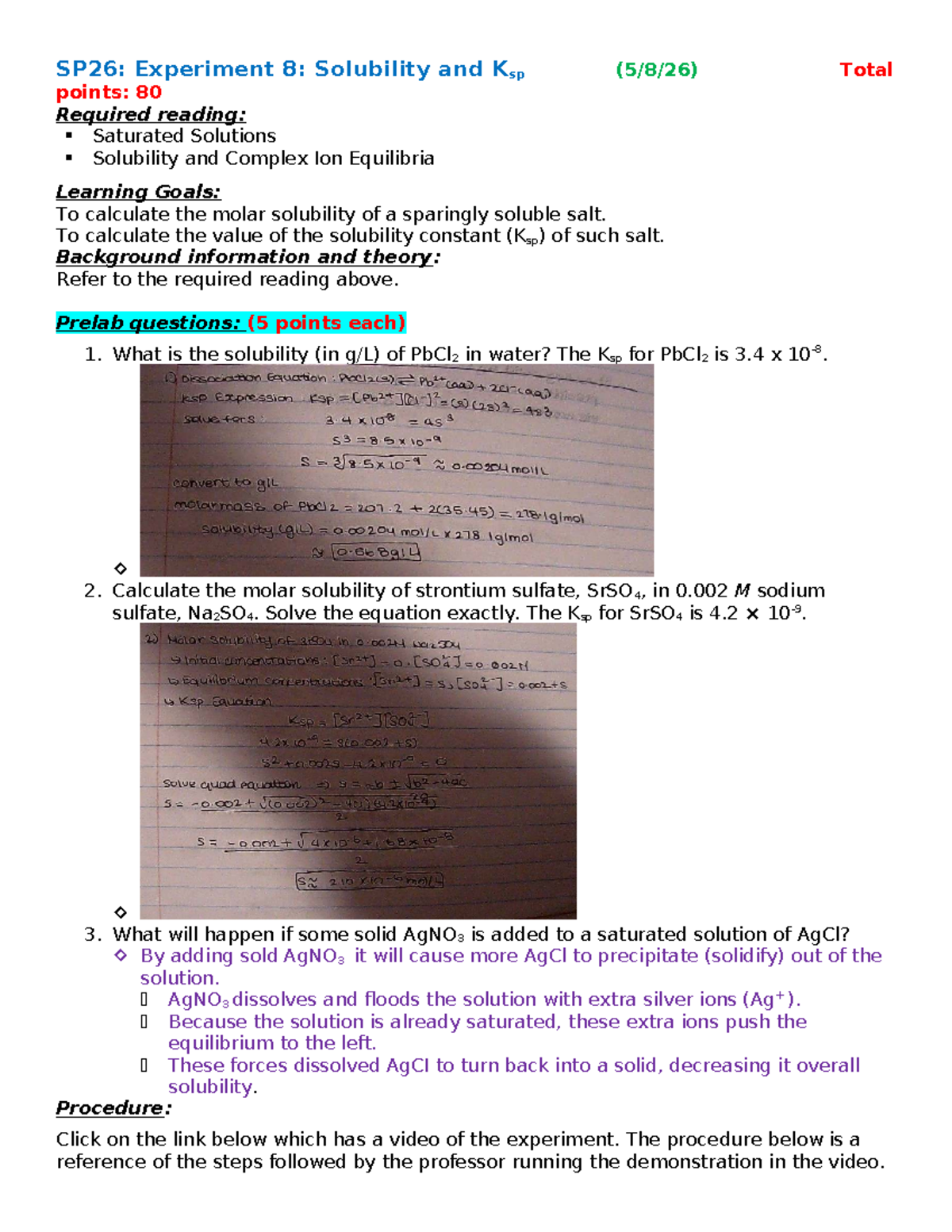SP26: Lab 8 - Solubility and Ksp Experiment Guide - Studocu