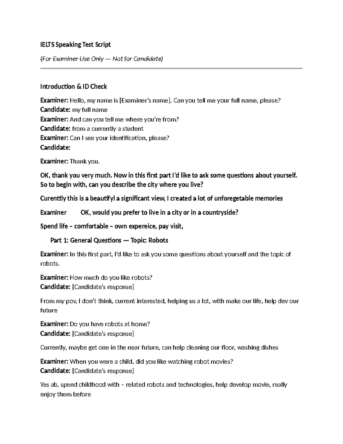 IELTS Speaking Test Script: Examiner's Guide to Candidate Interaction ...