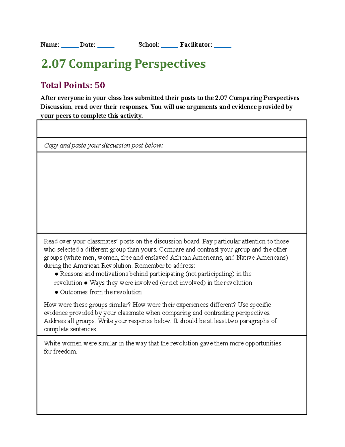 02-07 Task 2: Comparing Perspectives in the American Revolution - Studocu