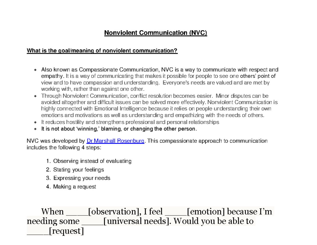 Nonviolent Communication: A Guide to Compassionate Interaction - Studocu