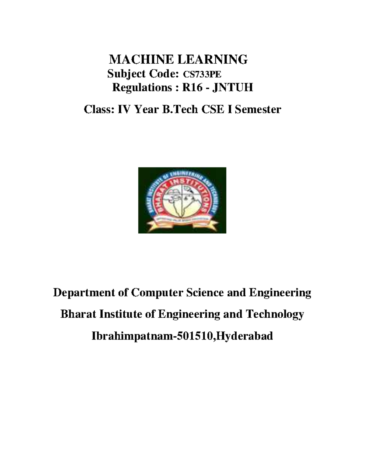 Machine Learning Course Overview and Syllabus (CS733PE) - IV CSE - Studocu
