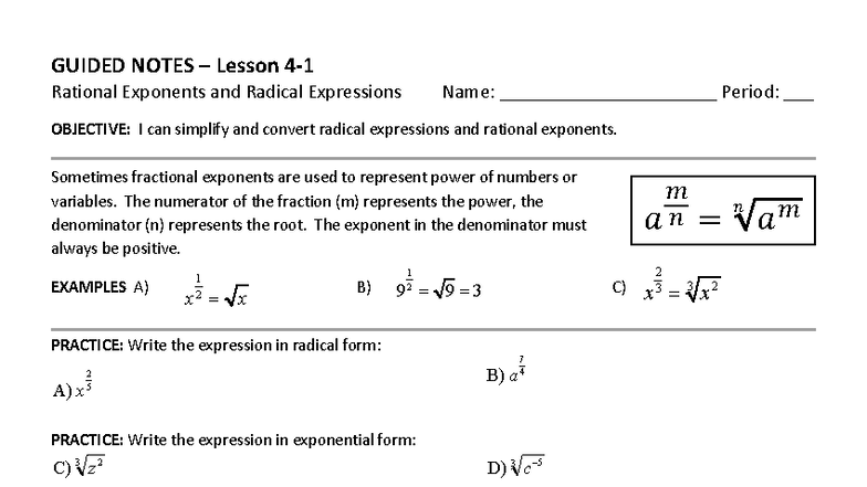 GUIDED NOTES: Rational Exponents & Radical Expressions (3B) - Studocu