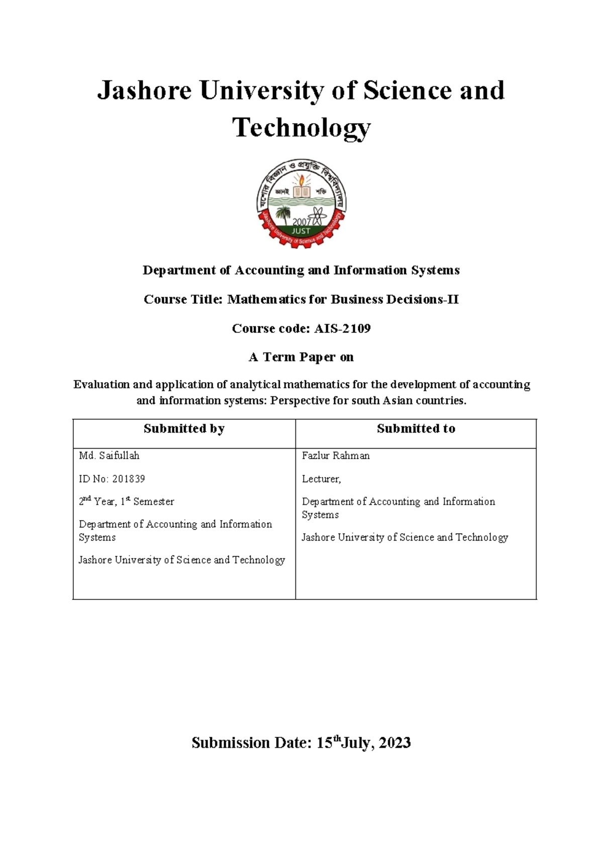 Term Paper on Analytical Mathematics in AIS Development: A South Asian ...