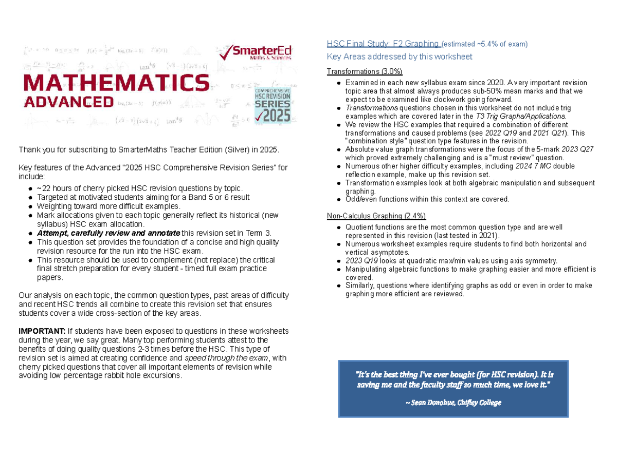 2025 HSC Comprehensive Revision: Advanced Functions F2 Study Guide ...