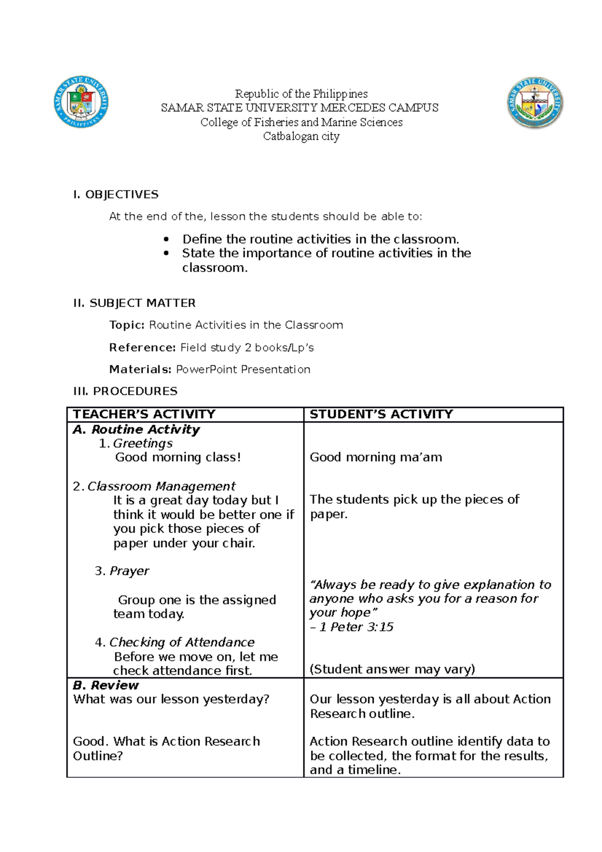 DLP LP4 Field Study 2: Lesson Plan on Classroom Routine Activities ...