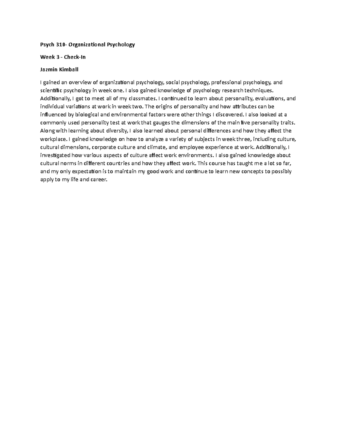 Psych 310 Week 3 - Overview of Organizational Psychology Insights - Studocu