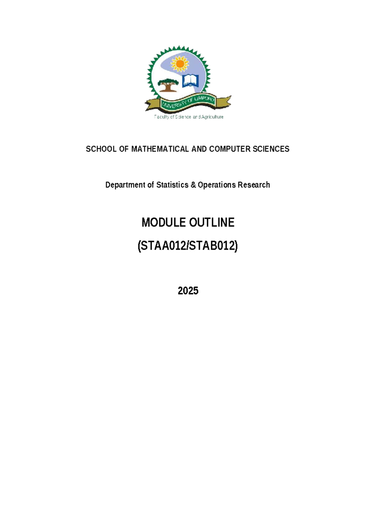 STAA012 STAB012 Elementary Statistical Methods Module Outline 2025 ...