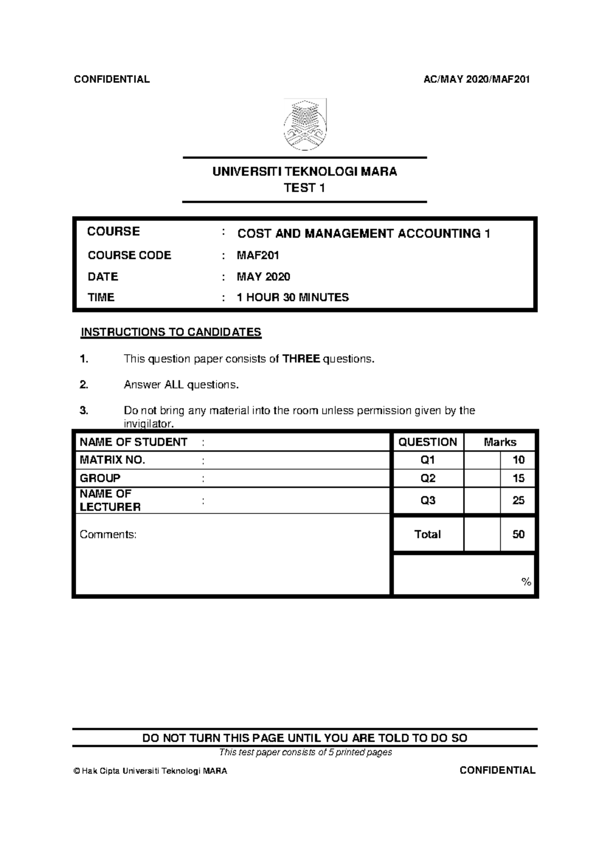 CT MAF201 Q TEST 1 MAY 2020 - Cost and Management Accounting Concepts ...