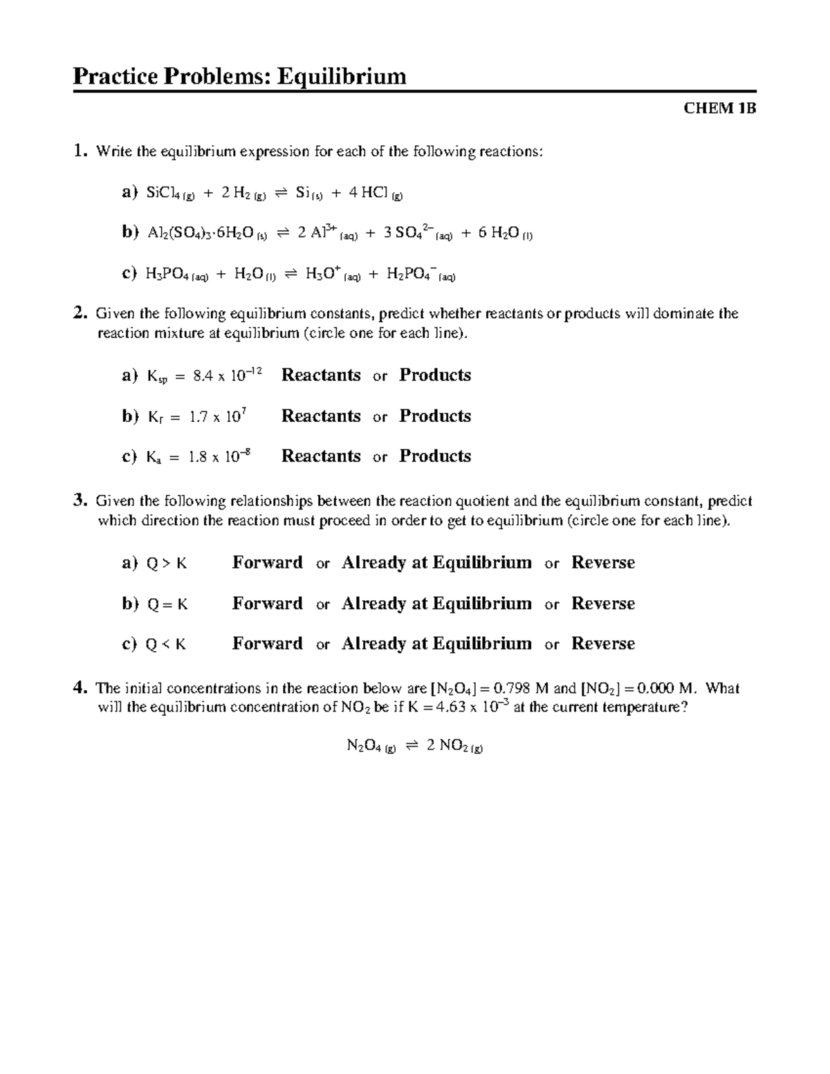 CHEM 1B Equilibrium Practice Problems: Chapters 1-5 - Studocu