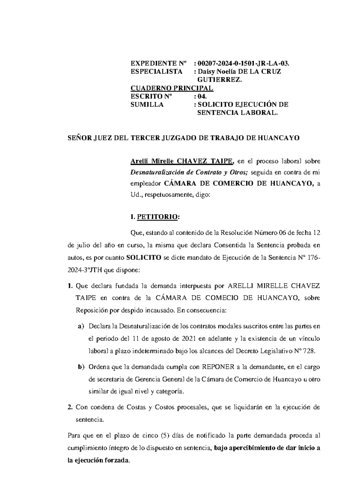Escrito de Ejecución de Sentencia Laboral en Procesos Judiciales - Studocu