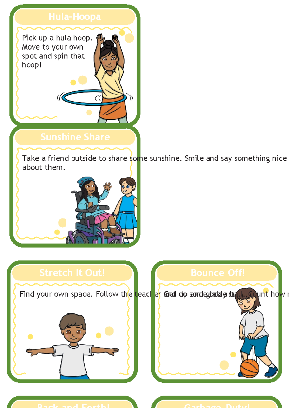 Movement Break Cards - Hula-Hoopa Pick up a hula hoop. Move to your own ...