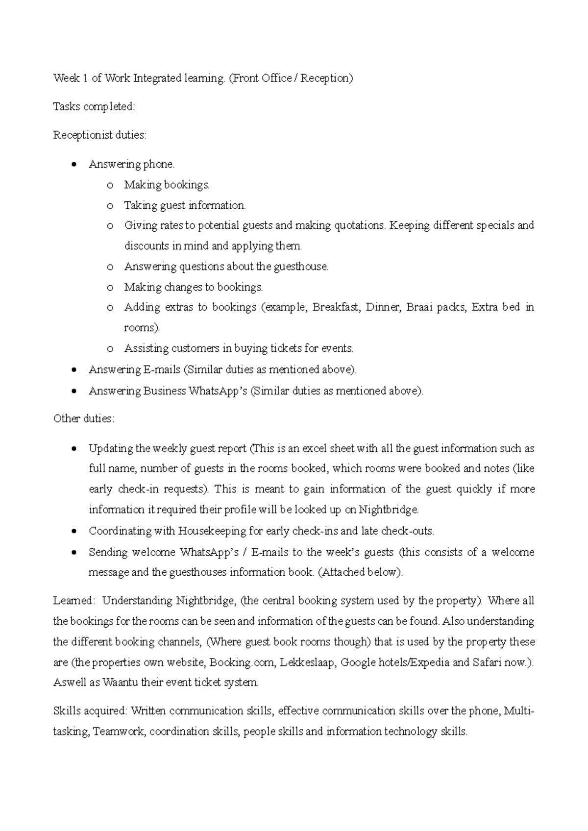 Week 1 - WIL - Front Office Reception Tasks & Skills Overview - Studocu
