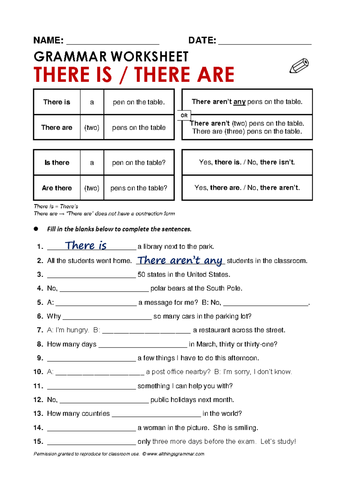 Grammar worksheet: There is/there are exercises - Studocu