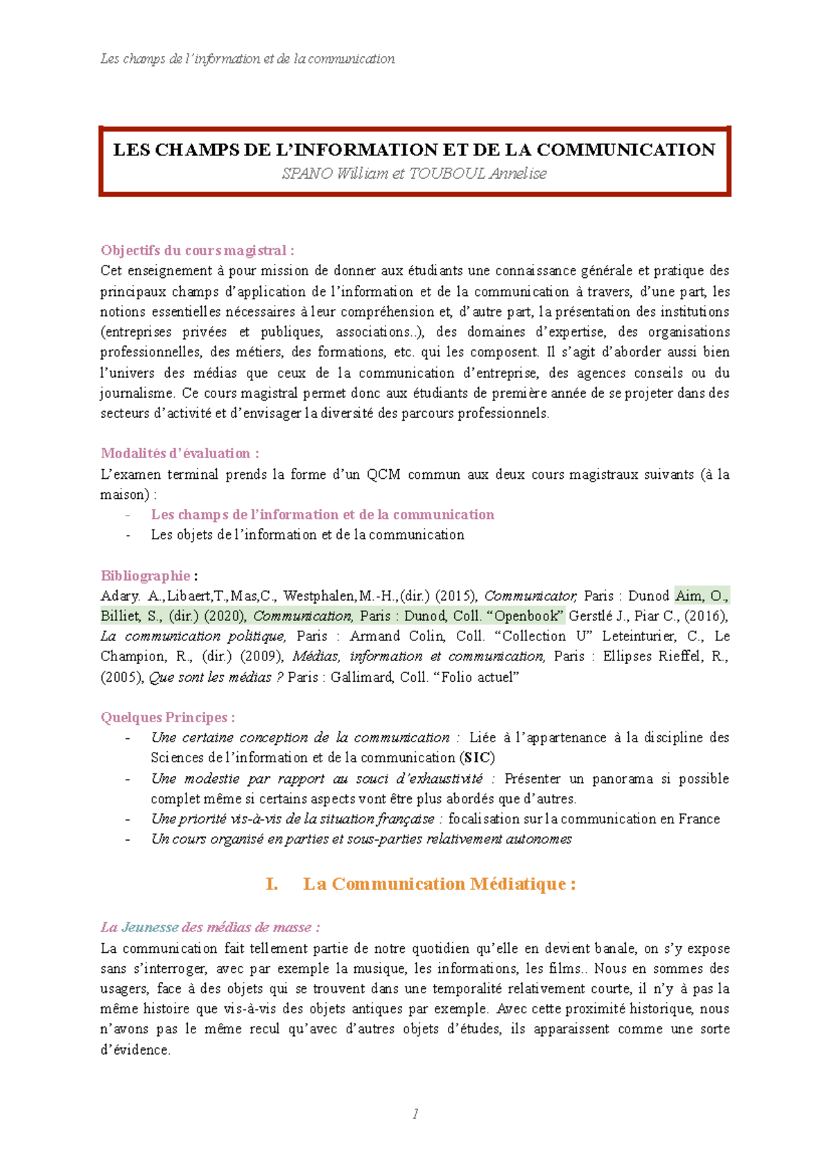 Champs de l'Information et de la Communication - Cours Complet - Studocu