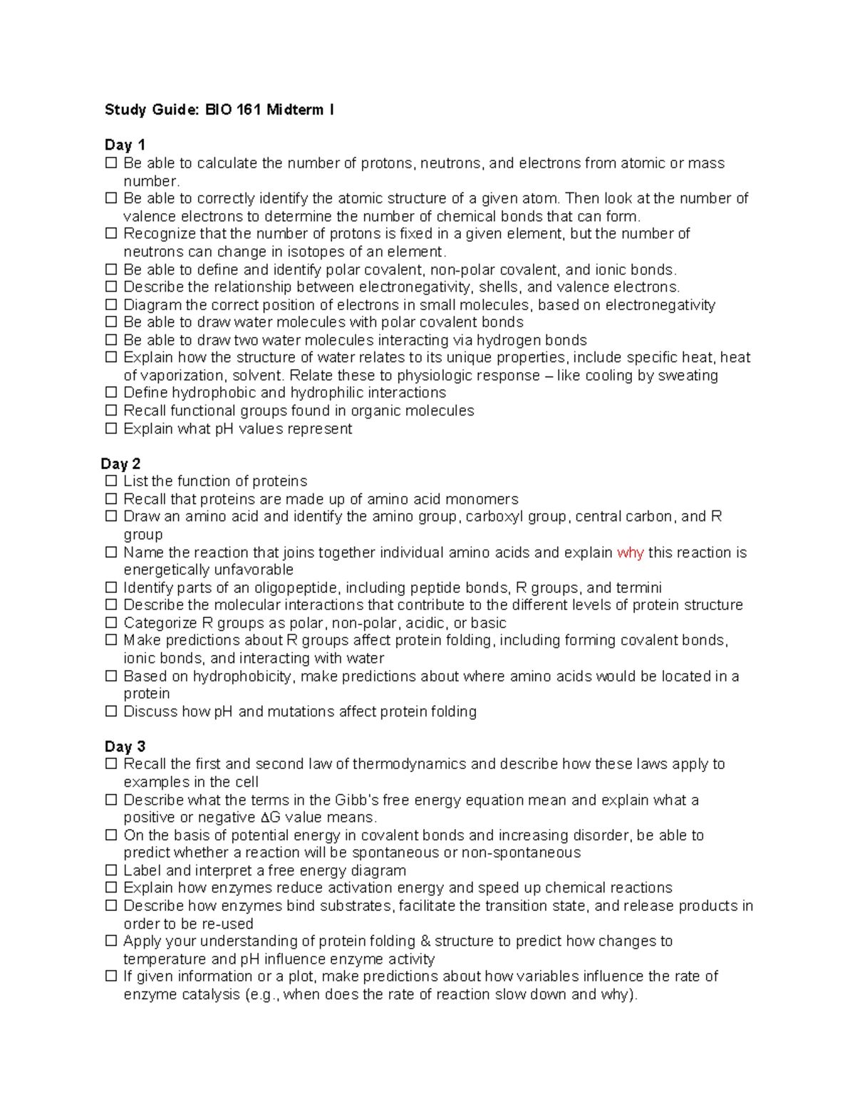 Study Guide: BIO 161 Midterm I - Key Concepts in Atomic Structure ...