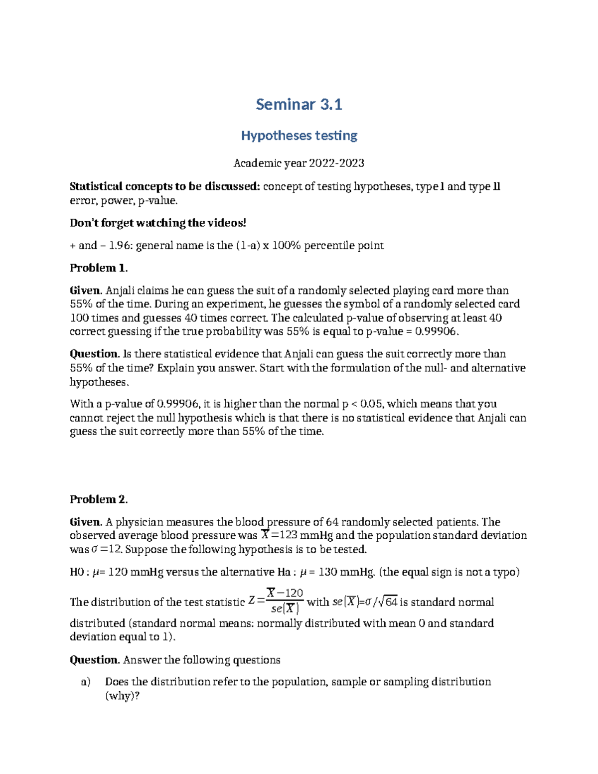 Seminar 3.1: Hypothesis Testing and Statistical Concepts Analysis ...