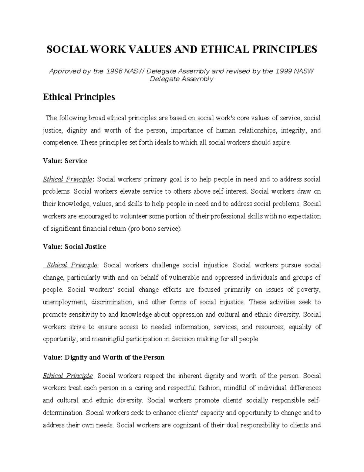5. Social Work Values and Ethical Principles Overview - Studocu