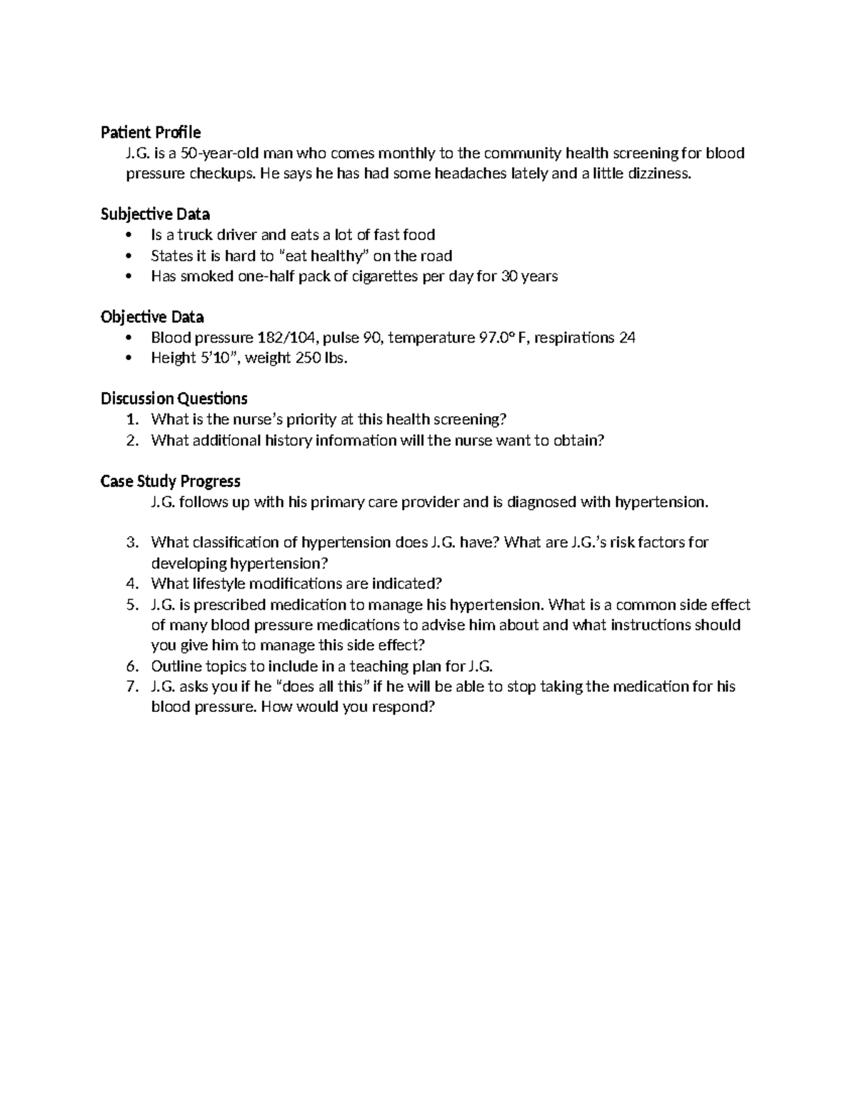 Case Study #1: J.G.'s Hypertension Management and Lifestyle ...