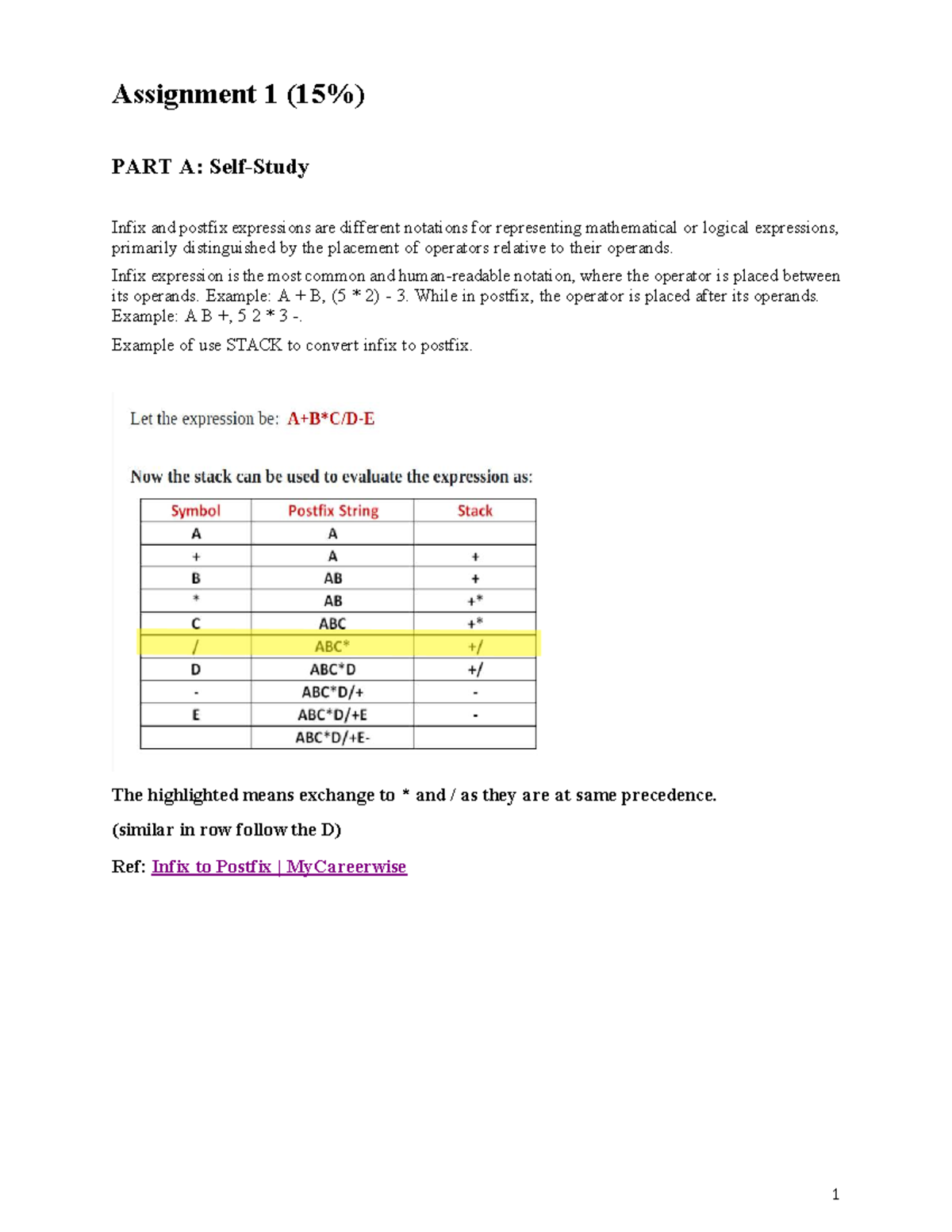 Assignment 1: Infix to Postfix Conversion & Stack Implementation - Studocu