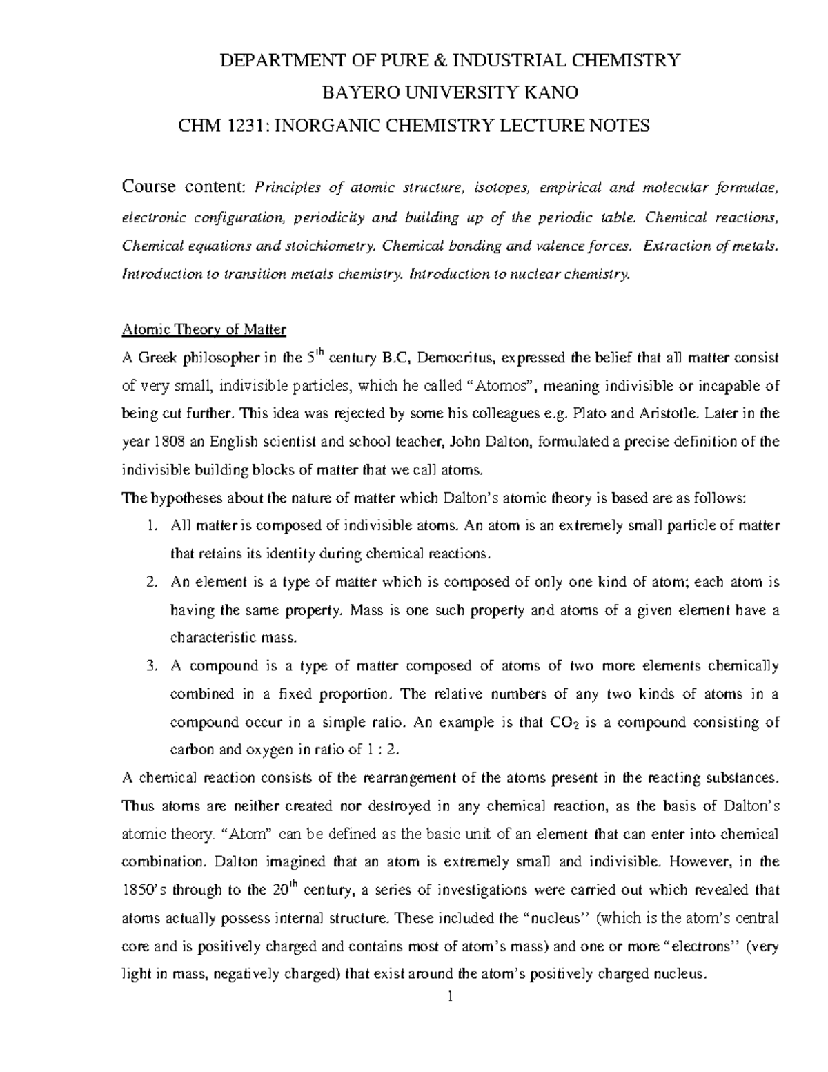 CHM 1231 - Inorganic Chemistry Lecture Notes and Key Concepts - Studocu